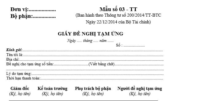 Mẫu giấy đề nghị tạm ứng – Mẫu số 03